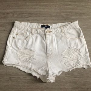 White jean shorts from Misguided. Distressed with gold stitching, lightly worn